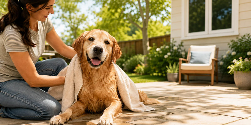Golden Retriever being towel-dried after a summer bath in a sunny backyard as part of a gentle dog grooming routine