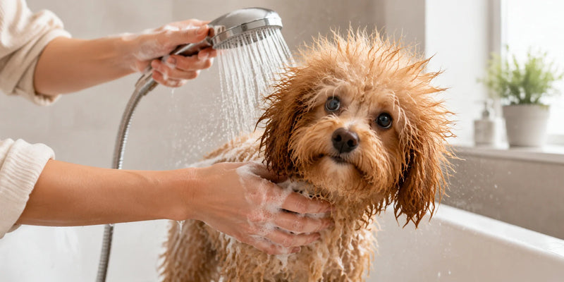 Wet curly dog being washed in bathtub by owner during grooming bath routine, highlighting pet coat care and cleaning process at home