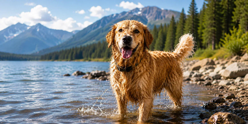 Golden retriever enjoying an outdoor adventure by a mountain lake, featuring outdoor dog grooming, deodorizing dog shampoo, coat care, and post-hike dog cleaning.